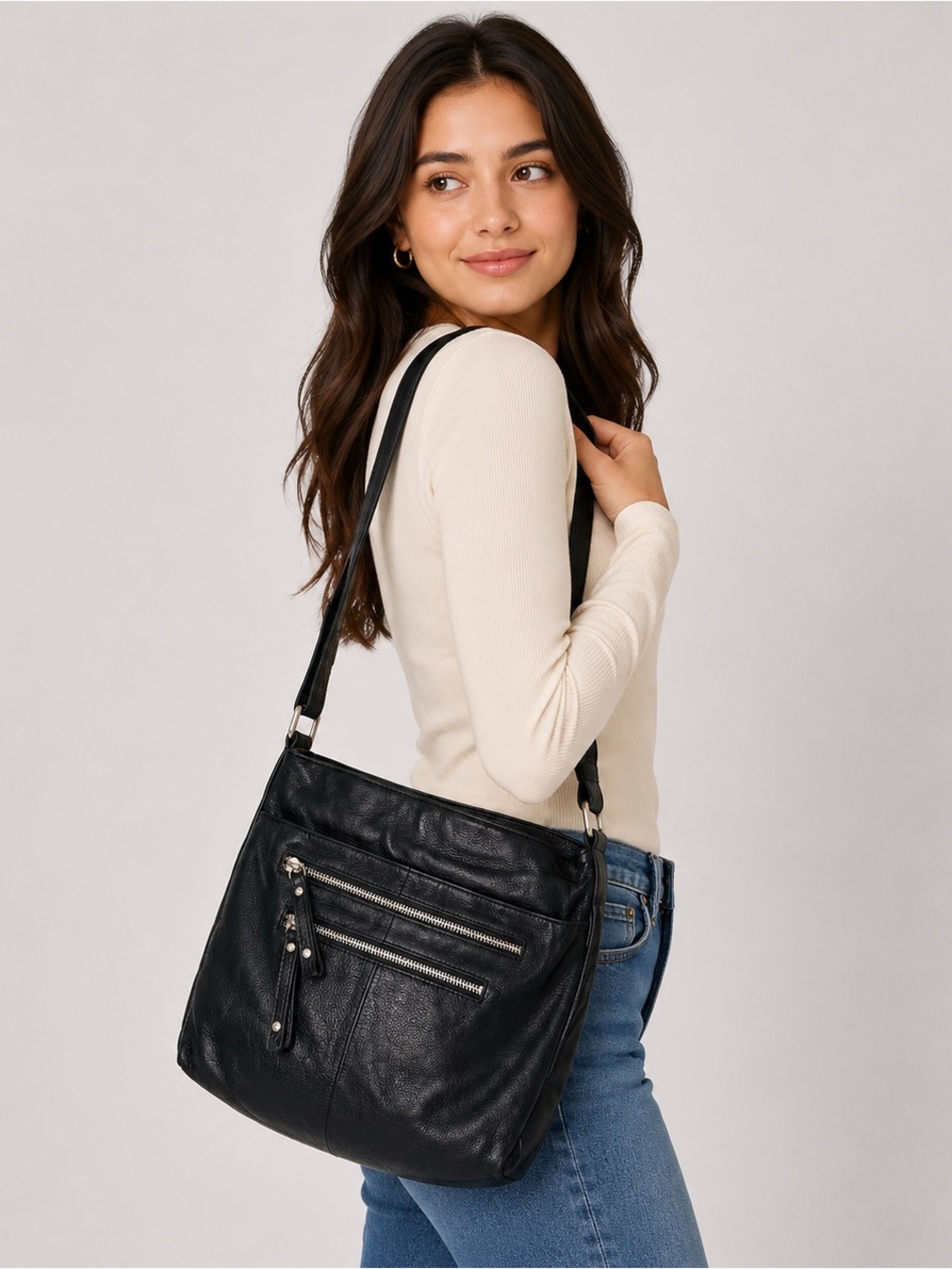 Black leather Crossbody Bag Shoulder Bag zippers pockets